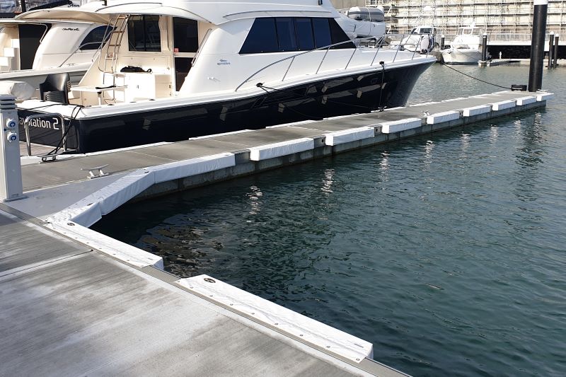 Marina Berth Set up by Hauraki Fenders. Supply and installation of dock lines, marina fenders, dock wheels and pole fenders. Grand Pacific, Ultralon, Marinaquip and Barrier Fenders.