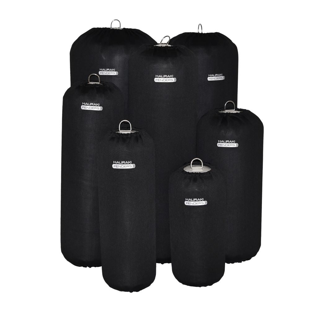 Hauraki Knitted Polyester Fender Covers - Tubular black fender covers with drawstring for inflatable boat fenders