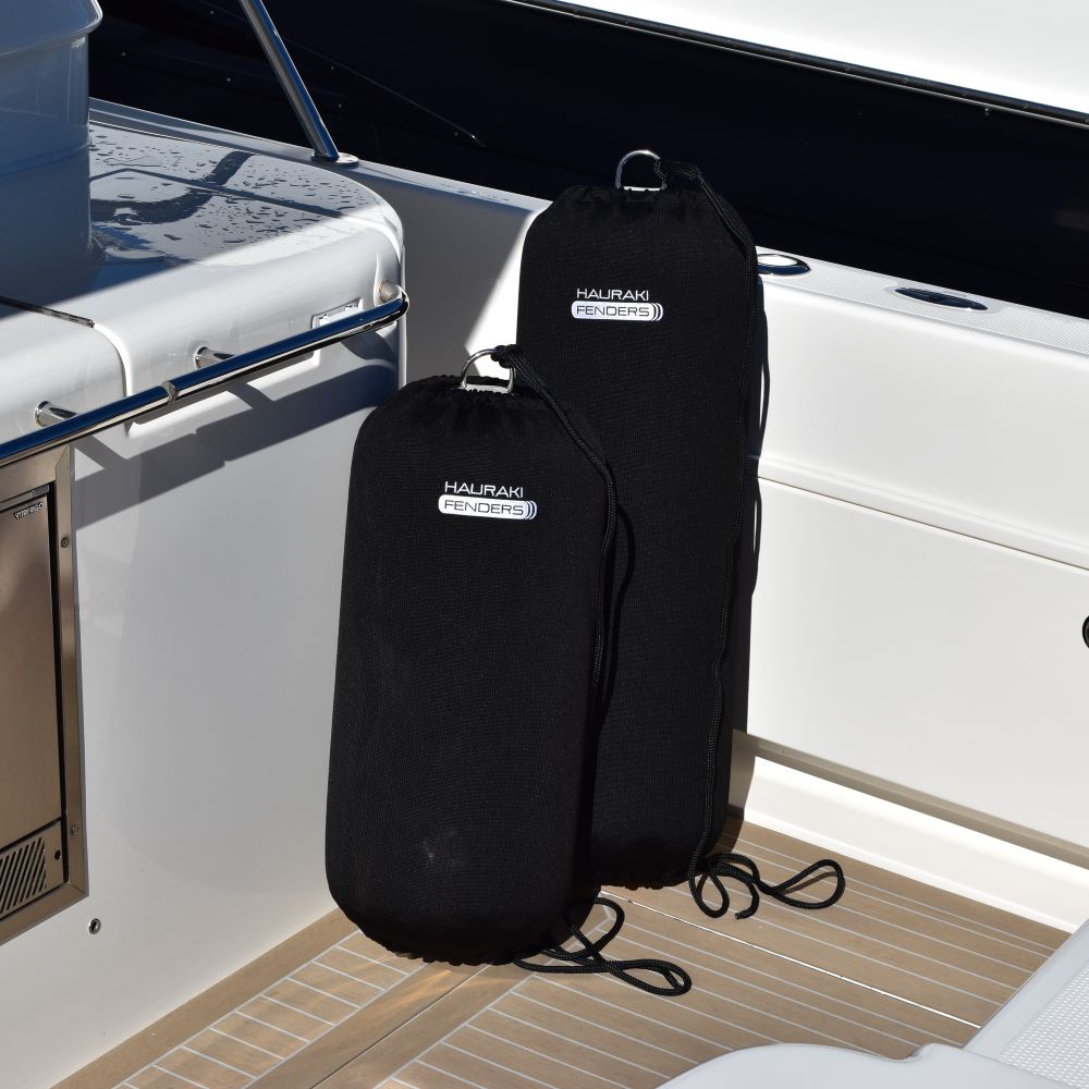 Hauraki Knitted Polyester Fender Covers - Tubular black fender covers with drawstring for inflatable boat fenders
