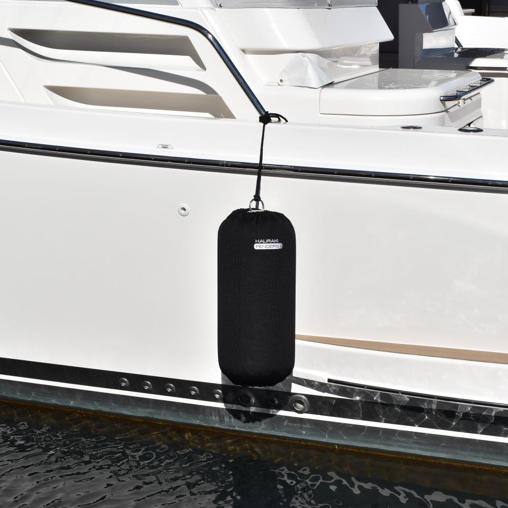 Hauraki Knitted Polyester Fender Covers - Tubular black fender covers with drawstring for inflatable boat fenders