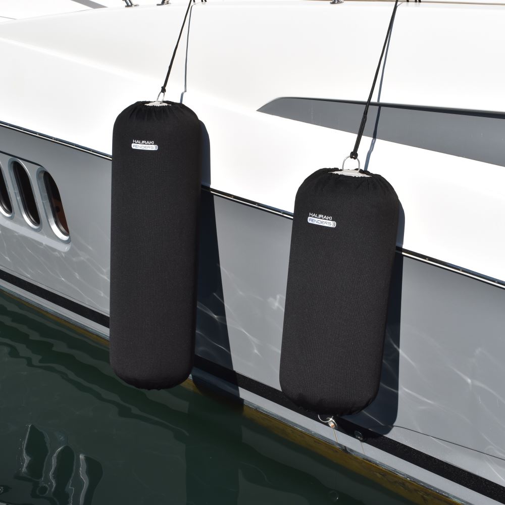 Hauraki Knitted Polyester Fender Covers - Tubular black fender covers with drawstring for inflatable boat fenders