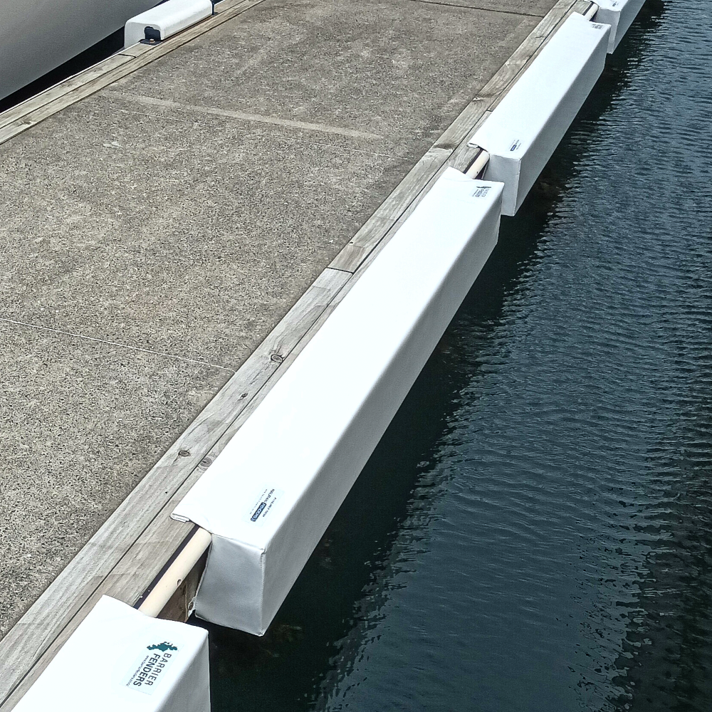 Deluxe Barrier Fenders available from Hauraki Fenders - 2m pvc covered foam marina fender with invisible fasteners and shaped to fit around a marina berth rub strip