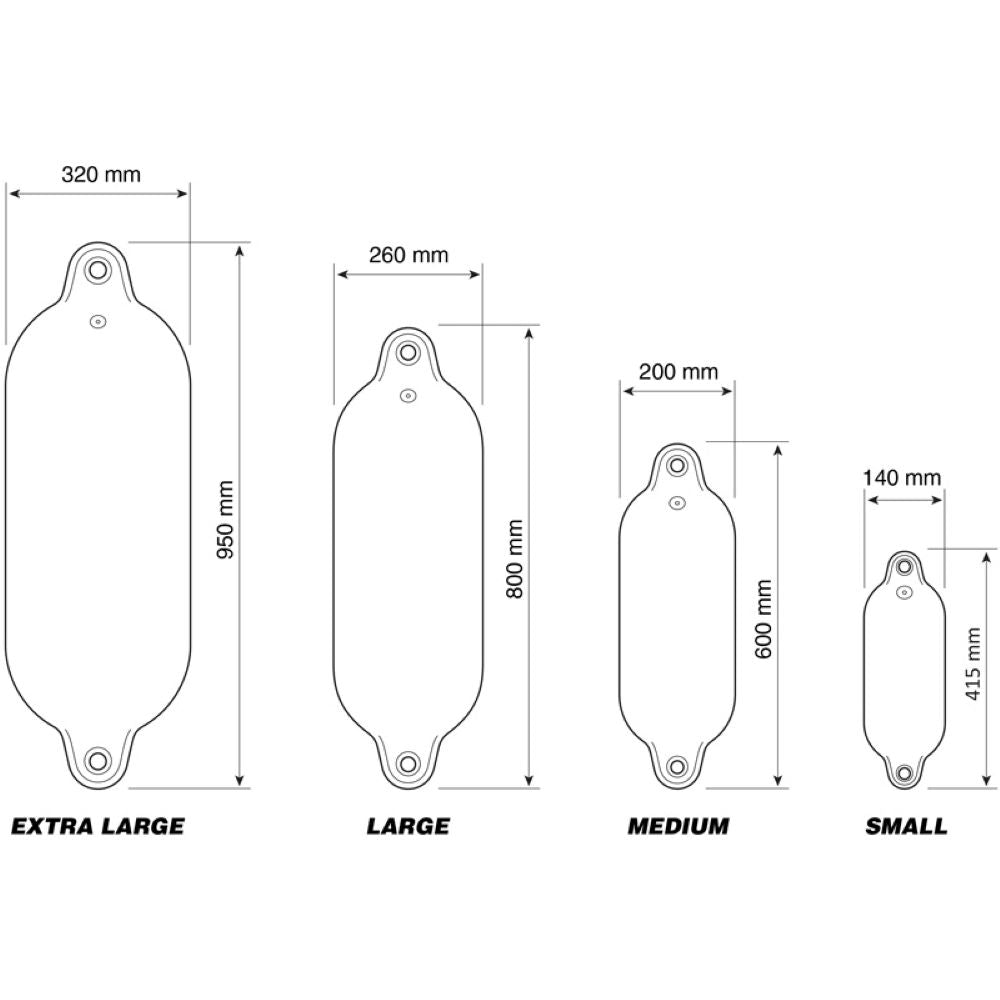 Supafend boat fenders available from Hauraki Fenders - rotationally molded pvc marine fenders size chart