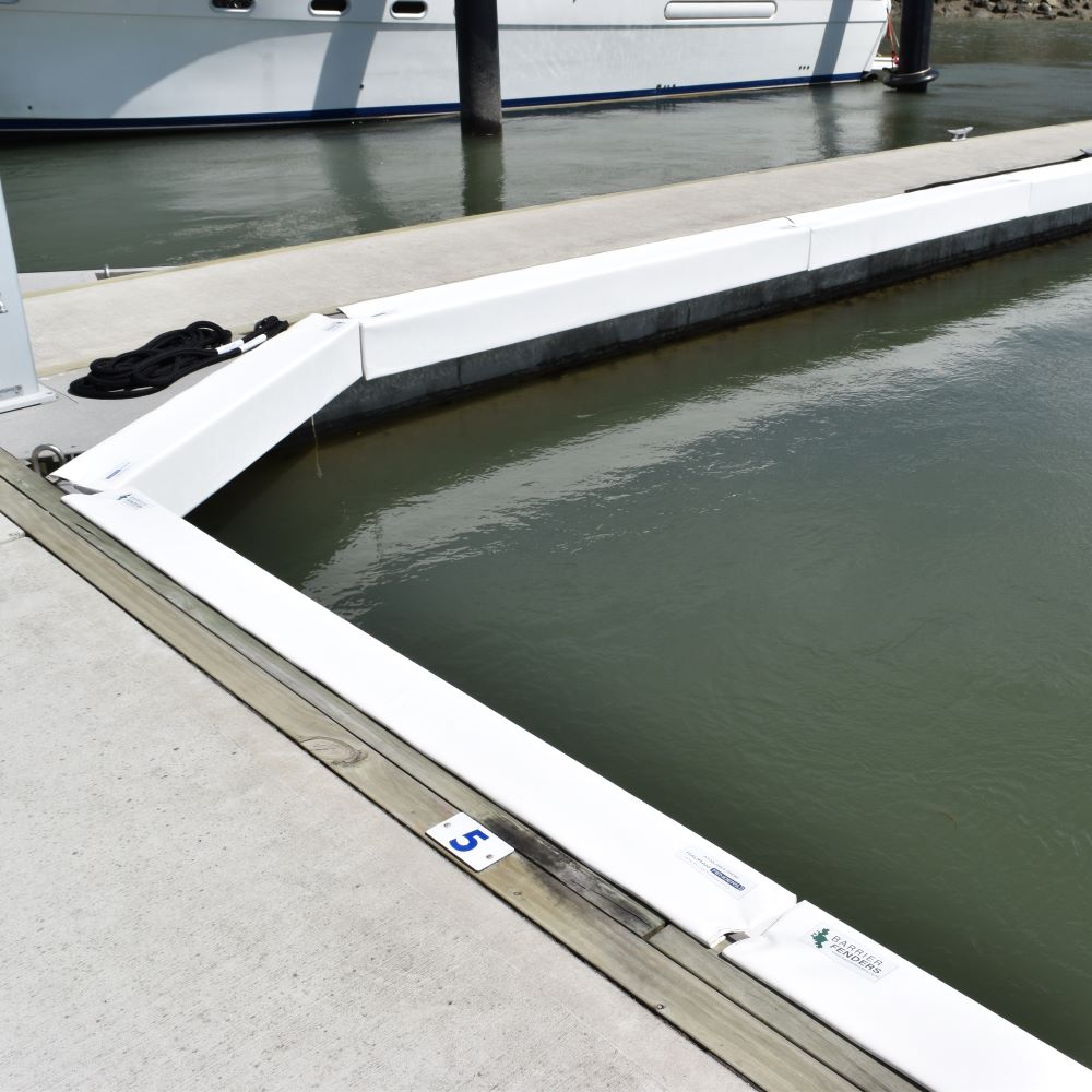 Deluxe Barrier Fenders available from Hauraki Fenders - 2m pvc covered foam marina fender with invisible fasteners and shaped to fit around a marina berth rub strip