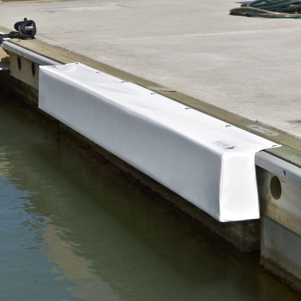 Contoured Barrier Fenders available from Hauraki Fenders - 2m pvc covered foam marina fender shaped to fit around a marina berth rub strip